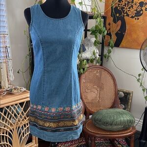 Vintage 90s/Y2K Karin Stevens Petites Denim Ribbon Detail Jean Mini Dress